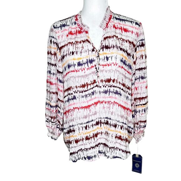 Democracy Multicolor Striped Tie Dye Open V-Neck 1/4 Button Boho Blouse - Picture 1 of 10